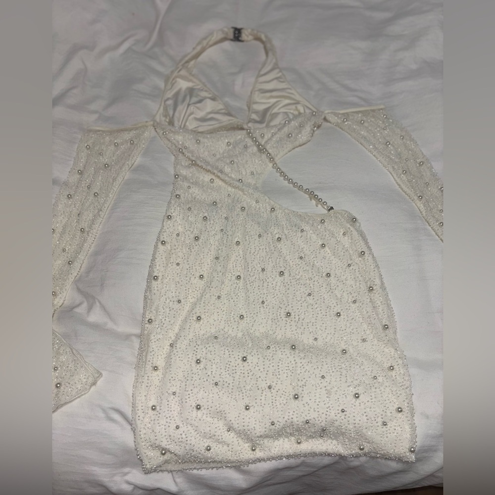 Oh Polly White Beaded Backless Cutout Halter Mini Dress - Picture 6 of 7